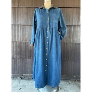🔥Vintage 90s Cotton Country Western Prairie Chore Button Up Maxi Denim Dress 1X